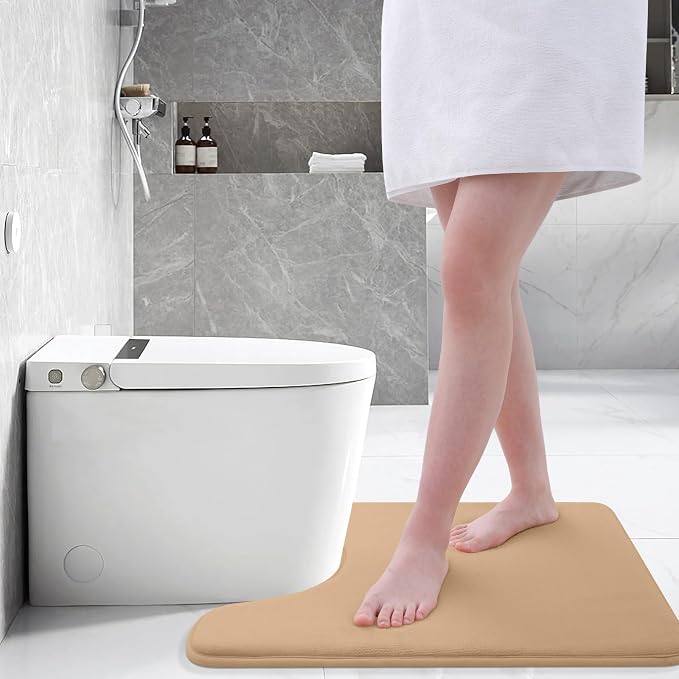 Smiry Memory Foam Toilet Rugs U-Shaped 24x20, Extra Soft Absorbent Non-Slip Contour Bathroom Rugs, Machine Washable Bath Mats for Toilet, Camel