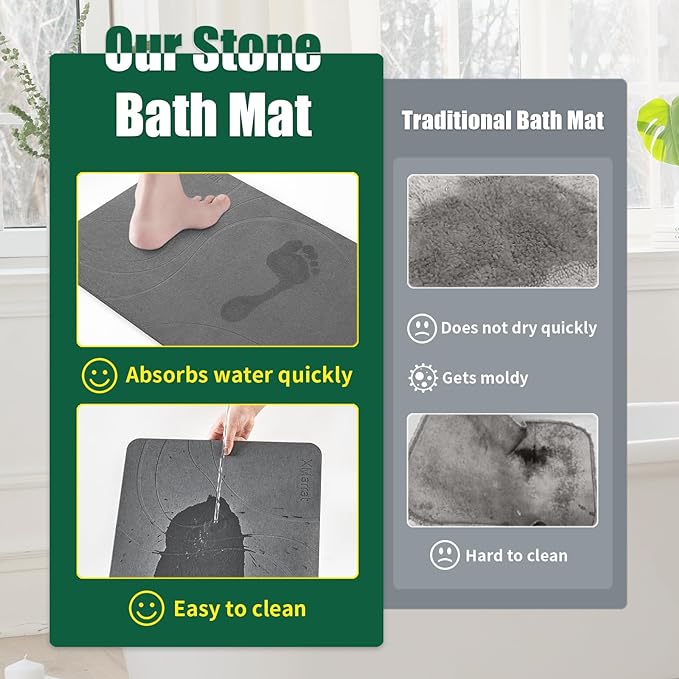 XMarrat Stone Bath Mat, Diatomaceous Earth Bath Mat, Super Absorbent Quick Drying Stone Bath Mats for Bathroom, Non-Slip Bath Stone Mat, Natural Stone Shower Mat, Easy to Clean(23.6 x 15.4 Dark Grey)