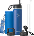 Coolflask Water Bottle 24 oz Insulated with Straw, Stainless Steel Metal 3 Lids Water Flask Wide Mouth for Sports or Office, Non-BPA Keep Cold Up to 48 Hrs or Hot Up to 24 Hrs, King's Blue