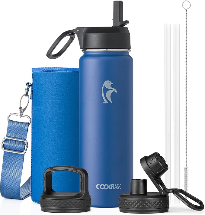 Coolflask Water Bottle 24 oz Insulated with Straw, Stainless Steel Metal 3 Lids Water Flask Wide Mouth for Sports or Office, Non-BPA Keep Cold Up to 48 Hrs or Hot Up to 24 Hrs, King's Blue