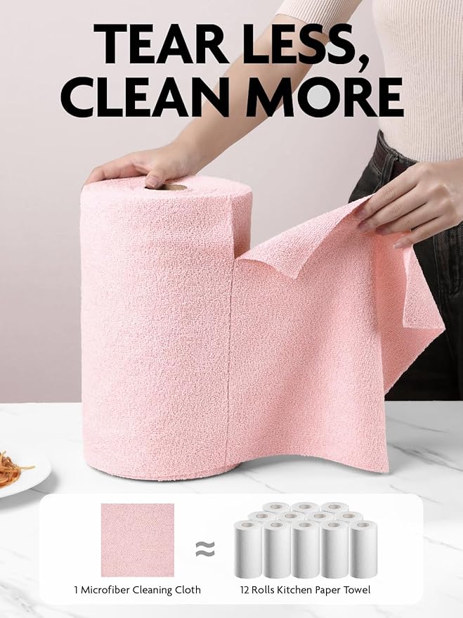 Fantasticlean Microfiber Cleaning Cloth Roll -150 Pack, Tear Away Microfiber Towels, 12" x 12", Reusable, Washable, Ultra Absorbent Dishcloth for All-Around Cleaning Supplies (Pink & Grey)