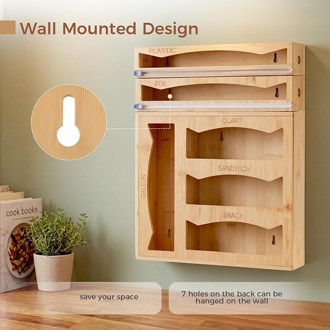 6 in 1 Storage Bag Organizer Kitchen Drawer, Bamboo Foil and Plastic Wrap Dispenser with Slider Cutter, Kitchen Bag Organizer for Quart, Gallon, Sandwich and Snack Bags