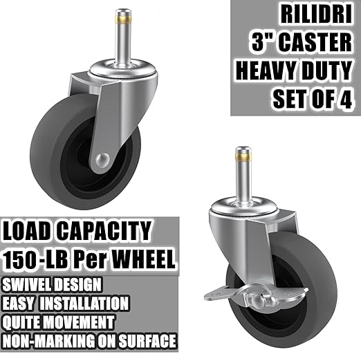 RILIDRI 3-Inch Swivel Stem Caster for Rubbermaid Mop Bucket Utility Cart, 7/16-Inch Stem Diameter Rubber Wheel Set of 4, Heavy Duty TPR Weber Grills Shop Vac Replacement Wheels