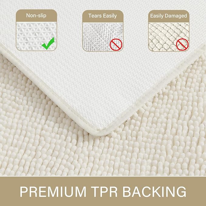 LOCHAS Luxury Bathroom Rug Shaggy Bath Mat 24 x 36 Inch, Cream White | Washable Non Slip Bath Rugs for Bathroom Shower, Soft Plush Chenille Absorbent Carpets