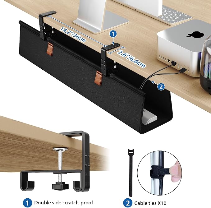 Zilink No Drill Under Desk Cable Management Tray 30" Cord Organizer for Table Clamp/Screw Mount Desk Cable Management Sturdy Waterproof Fabric Cord Hiders for Office, Home