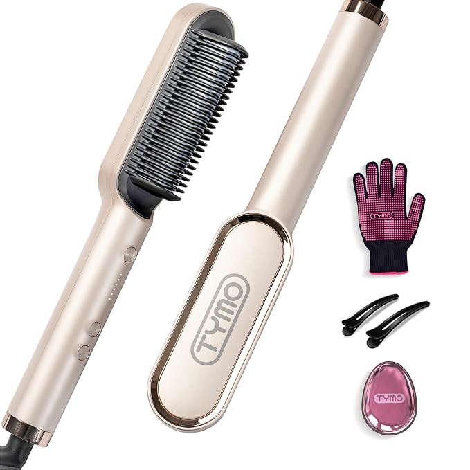 Hair Straightener Brush, TYMO Ring Hair Straightener Comb Straightening Brush for Women with 5 Temps 20s Fast Heating & Dual Voltage, Gold