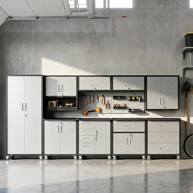 9-Piece Heavy Duty Steel Garage Cabinet System | All-in-One Modular Garage Cabinet Set for Ultimate Workshop Organization | Easy Assembly Garage Storage Cabinets & Tool Bench