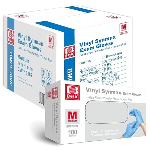 INTCO Basic Medical Synmax Vinyl Exam Gloves,Disposable Gloves - Latex-Free & Powder-Free for Medical,Cleaning,Food Safe - Medium, BMPF-3002(Case of 1000,Blue)
