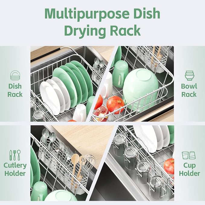 Small Dish Drying Rack in Sink, Extendable Stainless Steel Dish Drainers for Kitchen Counter, Anti-Rust Dish Dryer Rack with Utensil & Cup Holders, for Inside Sink, Over The Sink(for 1-2 People)