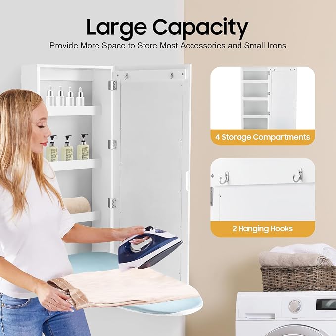 Wall Mounted Ironing Board with Storage Cabinet, Built-in 180° Swivel Foldable Ironing Board and Mirror Door, White Ironing Station Organizer for Home, Apartment, Laundry Room, Small Spaces