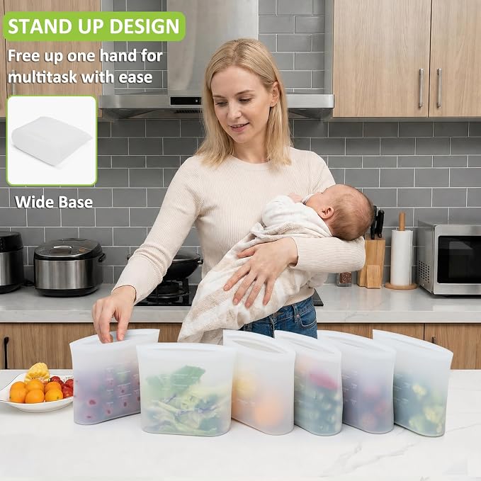 Reusable Silicone Food Storage Bags Quart 4 Pack, Stand Up Ziplock Reusable Freezer Sandwich Bag Containers for Food Travel, Freezer Microwave Oven Dishwasher Safe, Translucent, 33.8fl.oz
