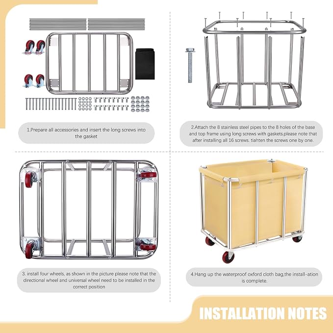 Commercial Laundry Cart with Wheels, 11.42 Bushel Large Laundry Rolling Bins with Removable Waterproof Canvas Lining Basket, Heavy Duty Stainless Steel Laundry Hampers for Hotels & Hospital