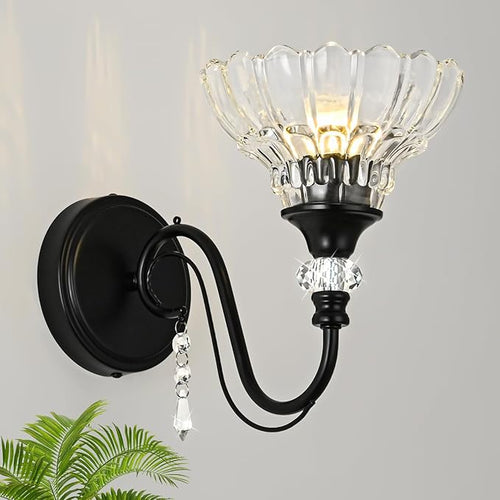 1 Piece Black Wall Sconce, 1-Light Black Farmhouse Wall Sconce with Hanging Crystal Accents and Flower-Shaped Clear Shades for Bathroom Bedroom Living Room,Vintage Vanity Light