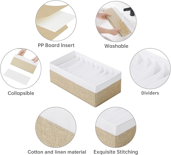 4 Packs T-shirt Drawer Organizers for Clothing,10 Grids Compartment Wardrobe Storage Box, Clothes Organizer for Folded Clothes, T-shirt, Legging-15.75''x9.06''x5.91-BeigeWhite