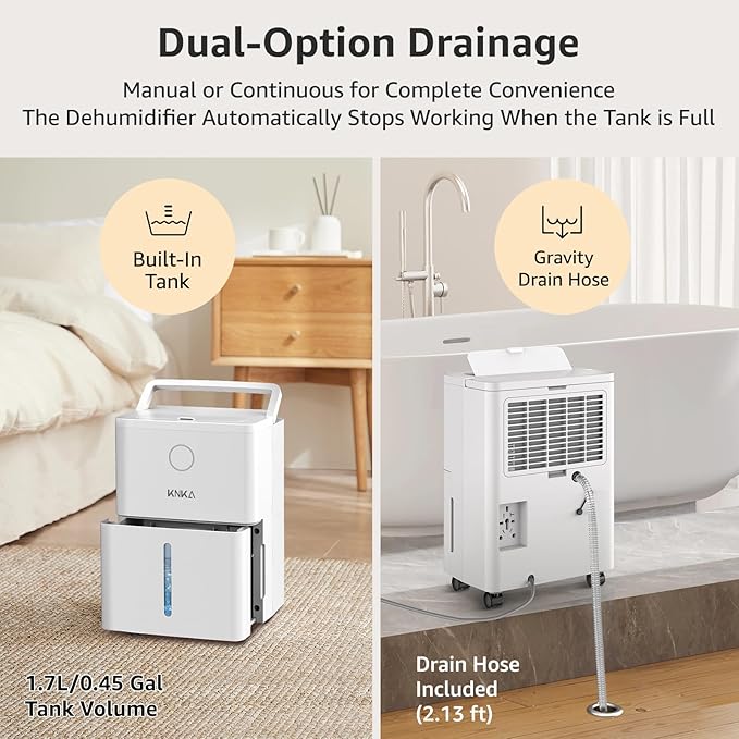 KNKA 1600 sq.ft Dehumidifiers for Basement, 21 Pint Dehumidifiers for Home with Drain Hose, Continuous Drainage, Washable Filter, Intelligent Humidistat for Bedroom, Bathroom, Large Home
