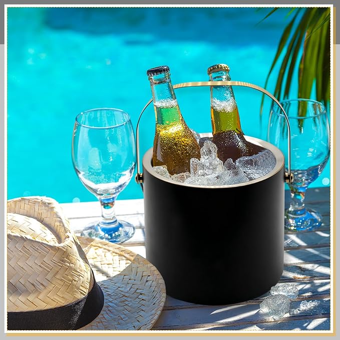 Anvin 3L Double Wall Stainless Steel Ice Bucket with Tongs, Scoop & Ice Strainer Insulated Cocktail Chiller Champagne Holder Bar Side Accessory for Parties, BBQs, Weddings (Black)