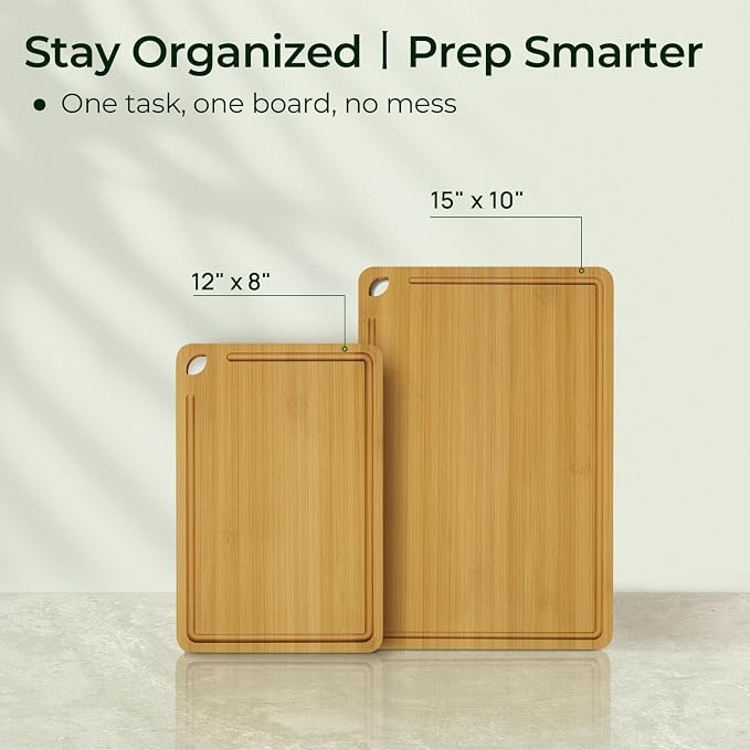 Keechee Natural Bamboo Cutting Board Set of 2, Wood Chopping Blocks | Deep juice grooves, built-in handles, versatile two piece set for meat, cheese and fruit