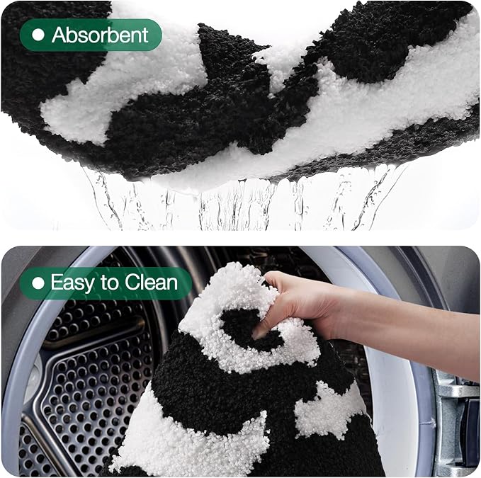 LUMI Bathroom Rugs Cute Floral Design, Soft Absorbent Microfiber Bath Mat Non-Slip, Machine Washable Quick Dry Luxury Rug Flower Black and White for Floor, Bathtub, Home Decor, 20"x32"