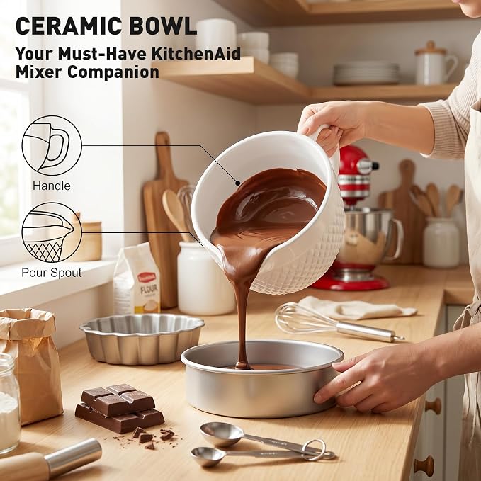 COFUN Ceramic Mixer Bowl for KitchenAid 4.5-5 Qt Tilt-Head Stand Mixers | Mixing Bowl with Handle & Pour Spout, Oven/Microwave/Dishwasher Safe