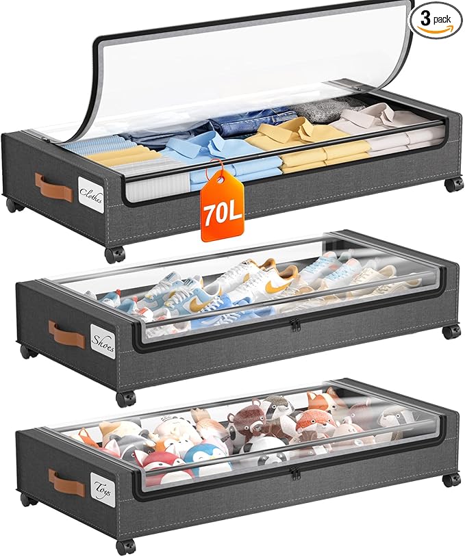 Yecaye 70 L Under Bed Storage with Wheels, 3 Pack Larger Capacity Under Bed Storage Containers, Underbed Shoe Storage Organizer, Rolling Under Bed Metal Drawers for Clothes, Blankets, Hemp Grey