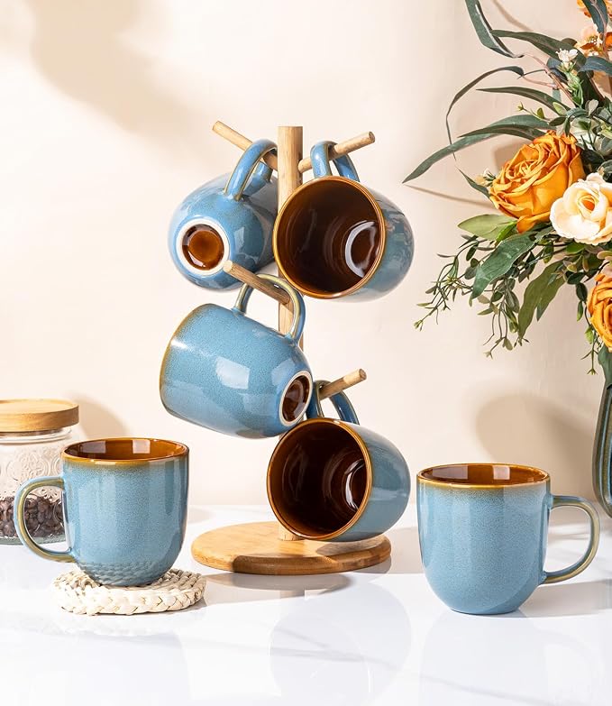 LERATIO Ceramic Coffee Mugs Set of 6,12oz Handmade Coffee Mugs Set | Large Handle for Cappuccino/Latte/Tea/Hot Cocoa,Oven &Dishwasher & Microwave Safe-Ocean Blue