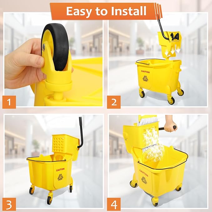 38 Qt Commercial Bucket with Side Press Wringer on Wheels, Yellow Industrial Set for Floor Cleaning, Including 1 Industrial Mop and Wet Floor Caution Sign, Beyoco