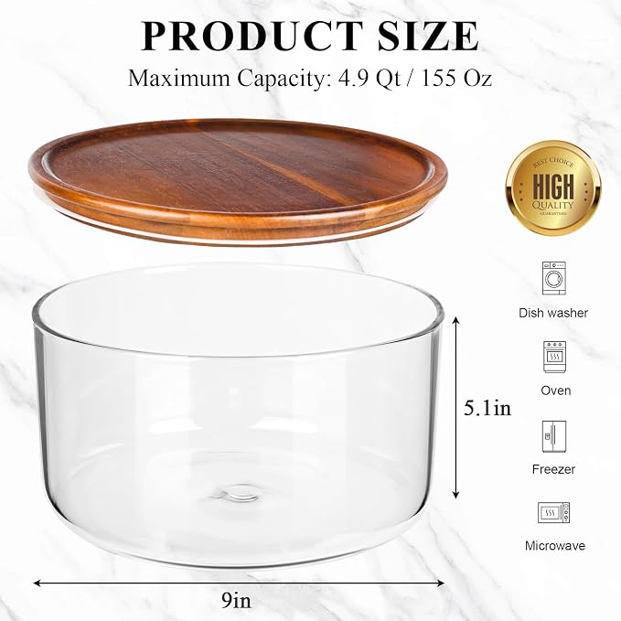 LOVYANXUE 155 oz Large Glass Trifle Bowl with Acacia Wood Lid - Glass Salad Bowl, Versatile Serving Bowls for Cake, Salad, Fruit, Baking, Dessert, Meal Prep, Storing, Microwave & Oven Safe, BPA Free