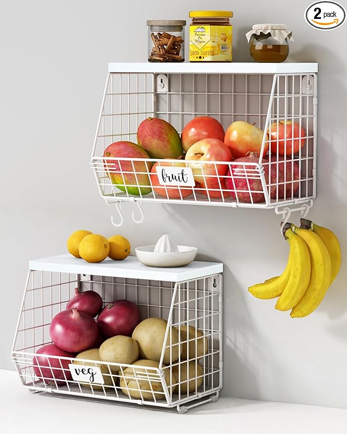 Goozii Wall Mount Bathroom Storage Basket, Fruit Produce and Vegetable Baskets for Kitchen Counter, Hanging Wire Storage Basket for Laundry Room Bedroom Closet Pantry Boys Girls Room (White)