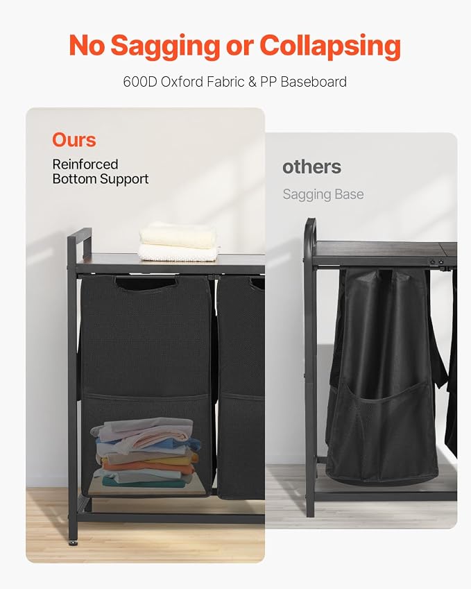 VEVOR 3 Section Laundry Sorter, Large Laundry Hamper with Metal Frame and Wooden Tabletop, Freestanding Storage Organizer Baskets with Pull-Out 600D Oxford Cloth Bags for Dirty Clothes, Bathroom