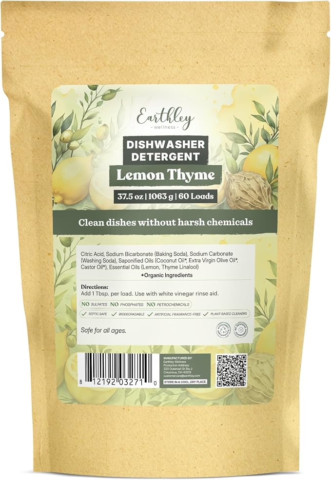 Earthley Wellness, Dishwasher Detergent, Eco-Friendly, Pure, Certified Organic Dish Detergent (60 Loads, Lemon-Thyme)