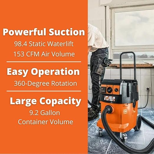 Fein Turbo II X AC PRO Set HEPA Wet/Dry Dust Extractor with Automatic Filter Cleaning - 9.2-Gallon Capacity, 153 CFM Suction, Includes Hose, Filter and Accessory Kit - 92030070990