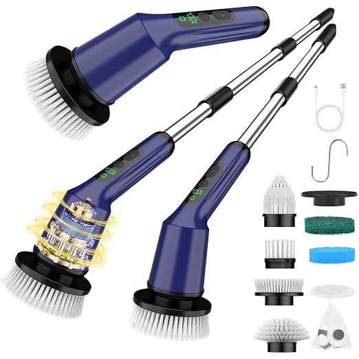 Shower Scrubber with Long Handle, Bathroom Cleaner Brush with 8 Brush Heads, Cordless Electric Spin Scrubber for Cleaning with 2 Speed, Cleaning Supplies for Bathtub Kitchen Floor Navy