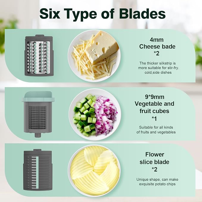 Upgraded Electric Cheese Shredder, Automatic Cheese Grater Electric with 6 Interchangeable Blades, 6 in 1 Electric Cheese Grater for Cheese, Fruits, and Vegetables