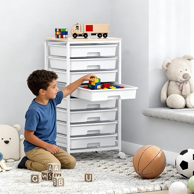 SYKIARIOL Rolling Storage Cart with Drawers,Utility Cart With 8 Drawers and Wooden Tabletop,Rolling Drawer Cart,Storage Drawer Cart for Living Room,Classroom,Bedroom,Bathroom,Dorm,Office,White