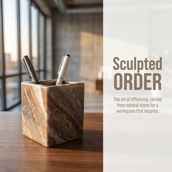 Natural Marble Pen Holder, 2.95” x 3.74” Square Desk Organizer, Marble Toothbrush Holder, Makeup Brush Holder, Decorative Storage Cup for Office Vanity Bathroom Kitchen Countertop, Brown