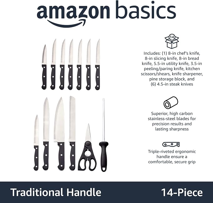 Amazon Basics 14-Piece High Carbon Stainless Steel Kitchen Knife Set with Full Tang Construction, Ergonomic Handles, Sharpener and Pinewood Block, Black