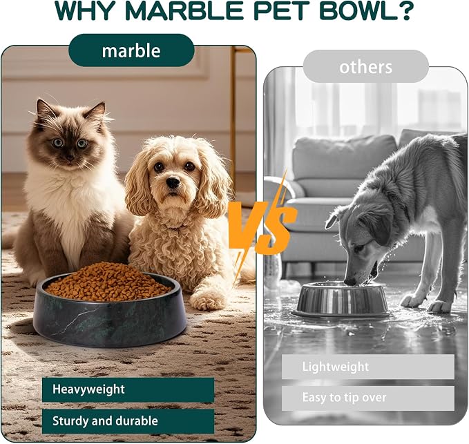 SAMAH Green Marble Dog Bowl, Non-Slip Non-Tipping Heavy Dog Food Bowl, Large Weighted Stone Dish, Natural Marble Dog Water Bowl, Easy to Clean, Gifts for Cat & Dog Lovers, Holds 6 Cups(6 lbs)