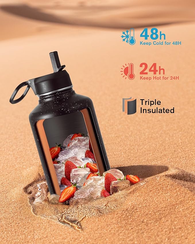 Coolflask 64 oz Insulated Water Bottle with Straw&3 Lids, Half Gallon Insulated Water Jug Galaxy Large Metal Stainless Steel Flask for Gym, Sports and Office, Keep Cold 48H Hot 24H, Starry Night