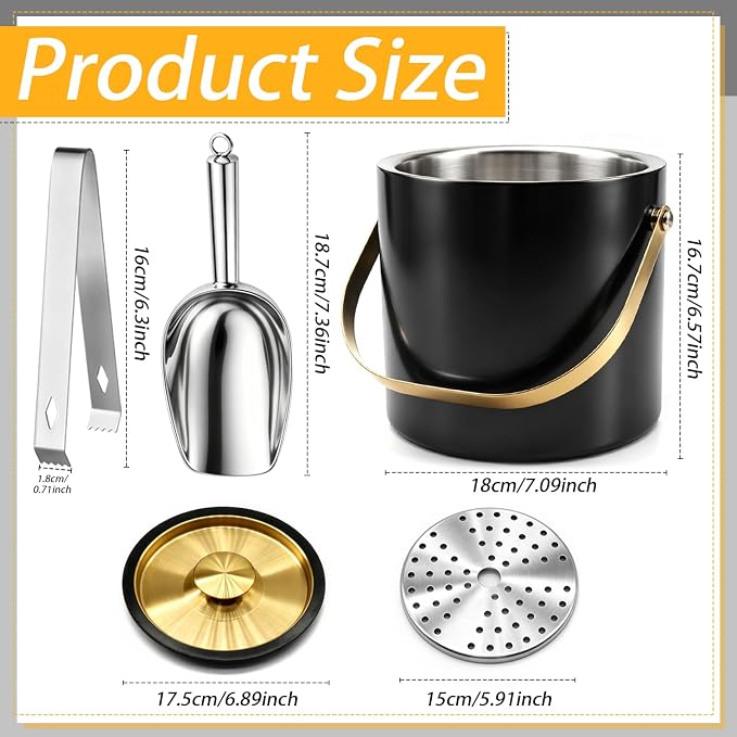 Anvin 3L Double Wall Stainless Steel Ice Bucket with Tongs, Scoop & Ice Strainer Insulated Cocktail Chiller Champagne Holder Bar Side Accessory for Parties, BBQs, Weddings (Black)