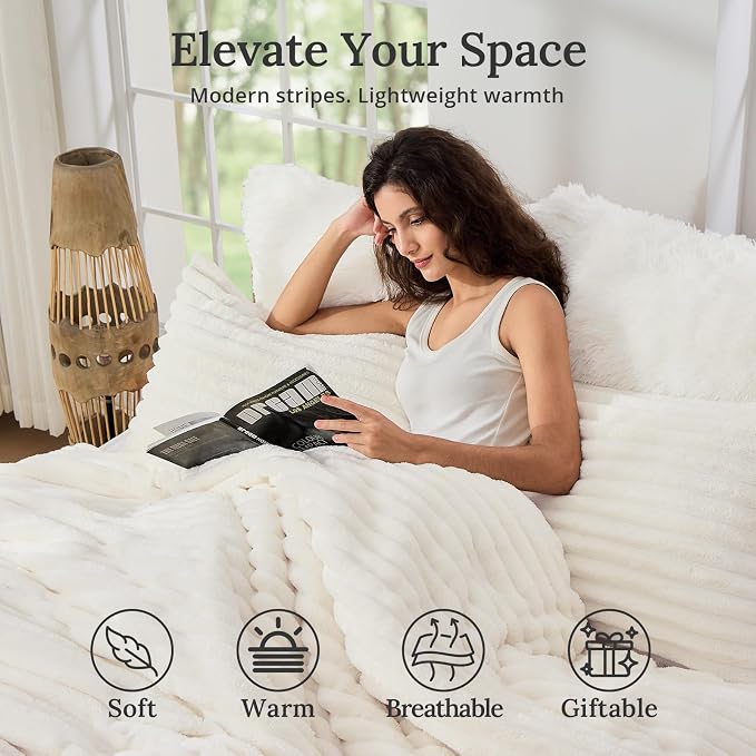 Sasttie Full Comforter Set 3 Pieces - Super Soft Fleece Comforters Full Size, 1 Luxury Warm Fuzzy Marshmallow Comforter with 2 Pillow Cases, Faux Fur Down Alternative Bedding Set, Cream White