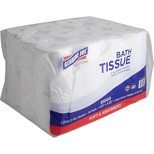 Genuine Joe Bath Tissue, 3.85" x 4.05", 2-Ply, 1000 Sheets/Roll, 36 Count