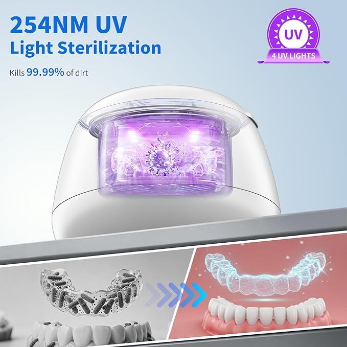 Ultrasonic Retainer Cleaner Machine 48kHz Denture and Aligner Cleaning Pod for Mouth Guards Night Guards Dental Trays Braces Toothbrushes Jewelry with 200ML Capacity (White)