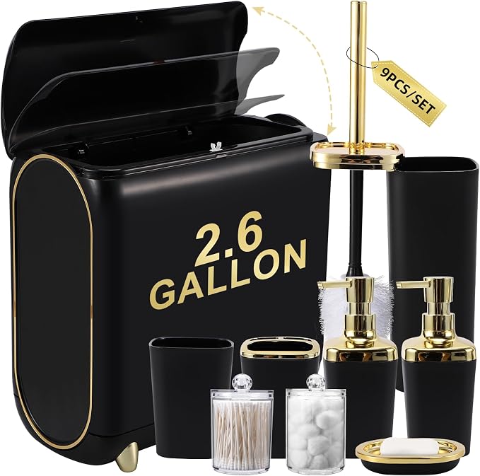XLHOMO Bathroom Accessories Set, 10 Pieces Black and Gold Bathroom Set, Bathroom Accessory Set with Slim Trash Can,Soap Dispenser,Toilet Brush,Toothbrush Set, Qtip Holders for Housewarming