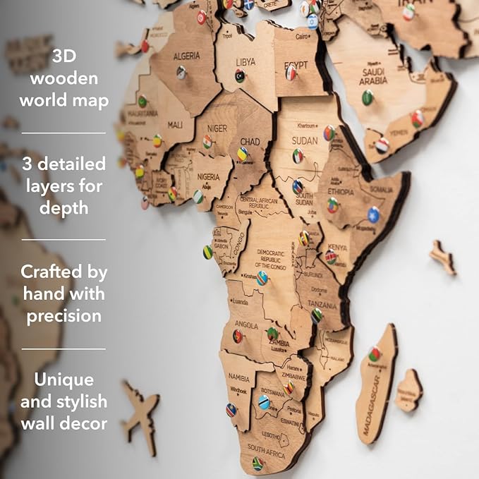 ENJOY THE WOOD 3D Wood World Map Wall Art Large Wood Wall Décor Housewarming Gift Idea Art World Travel Map For Home & Kitchen or Office (Light, 2XL)