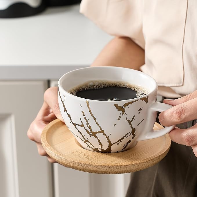 LUKA Ceramic Demitasse Espresso Cups Set with Saucers and Metal Stand, 8 oz Porcelain Stackable Cappuccino Cups Teacup For Tea, Espresso, Latte, Coffee, Cafe Mocha, Set of 4, White