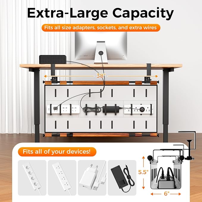 Cable Management Tray Under Desk, 38" No Drill Cable Organizer with Clamp/Screw Mount,Wire Cord Organizer for Table, Cable Tray for Office, Home