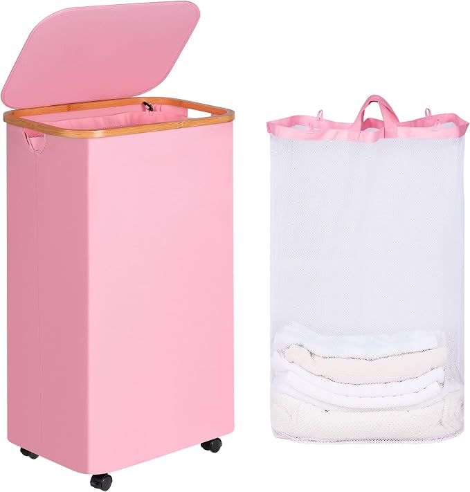 iEGrow Laundry Hamper, Narrow Laundry Basket with Lid,Foldable Clothes Hamper with Bamboo Handles,Hamper Basket with Removable Inner Bag for Laundry Room Bedroom College Dorm (Pink, 110L with Wheels)