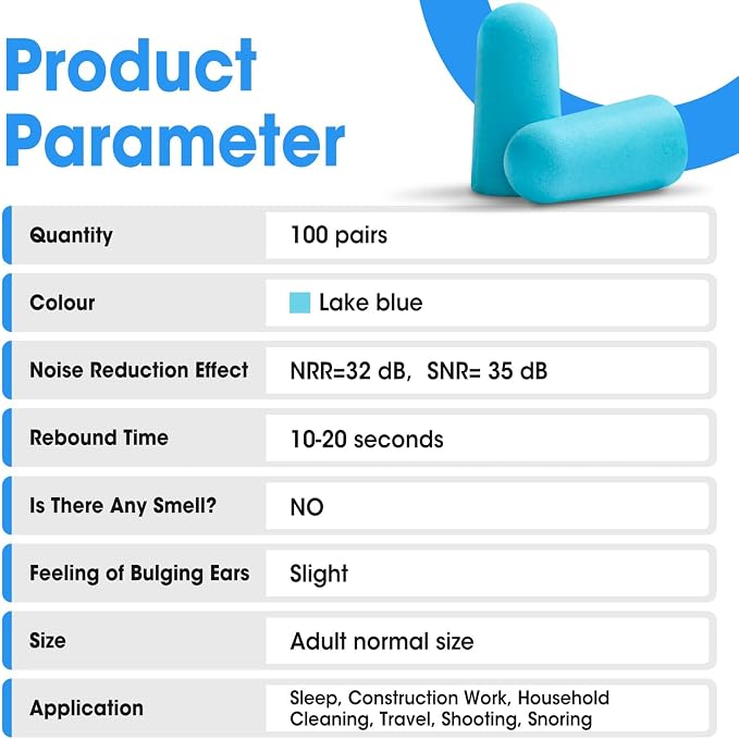 AZEN 100 Pairs Ear Plugs Bulk, NRR 32dB Soft Foam Ear Plugs for Sleeping Noise Cancelling, Earplugs for Concerts Shooting Swimming Noise Reduction (Lake Blue)