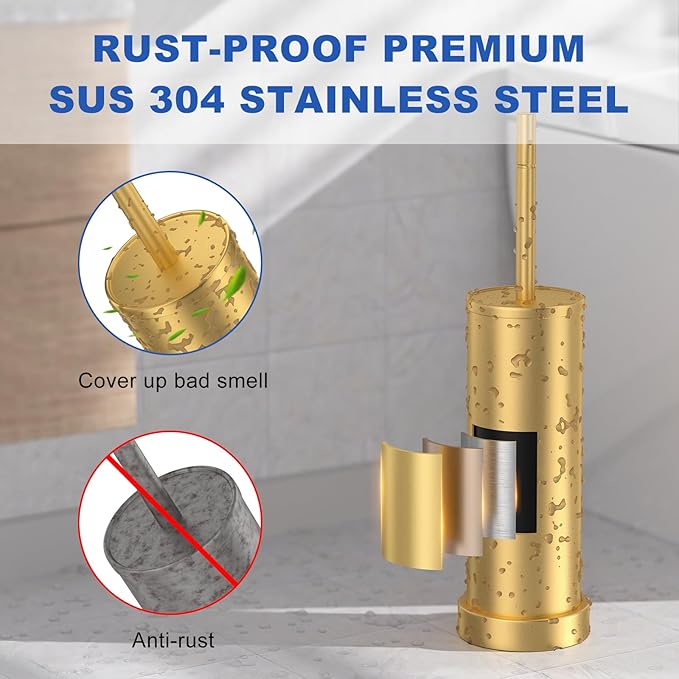 Toilet Brush and Holder Set: 304 Stainless Steel Brushed Gold Toilet Bowl Brush and Holder with Removable Inner Bowl and Splash Protection, Heavy Duty Long Handle Bathroom Cleaning Tool