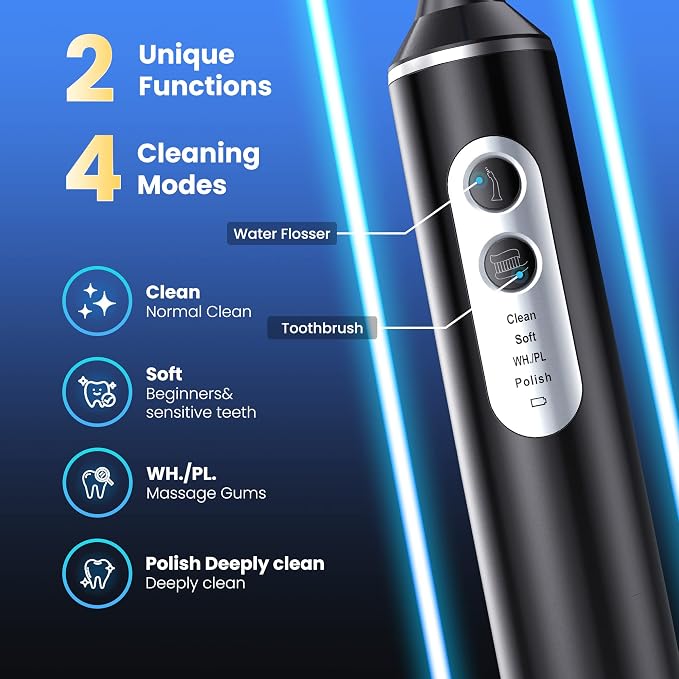 UNINGOPI 2-in-1 Electric Toothbrush with Water Flosser, Brush & Floss Combo | 3 Modes, 3 Brush Heads, Jet Tip, IPX7 Waterproof, Portable Oral Irrigator for Travel, Black